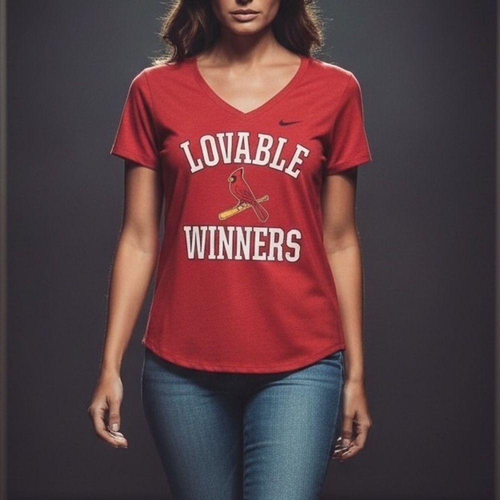 ❤ Womens L NIKE MLB ST LOUIS CARDINALS Loveable Winners Baseball V-Neck T-shirt